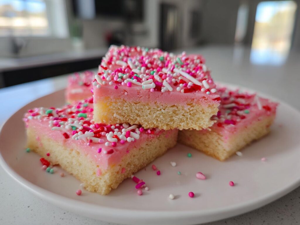 Close-up of Valentines Day pink sugar cookie bars with pink frosting and colorful sprinkles.