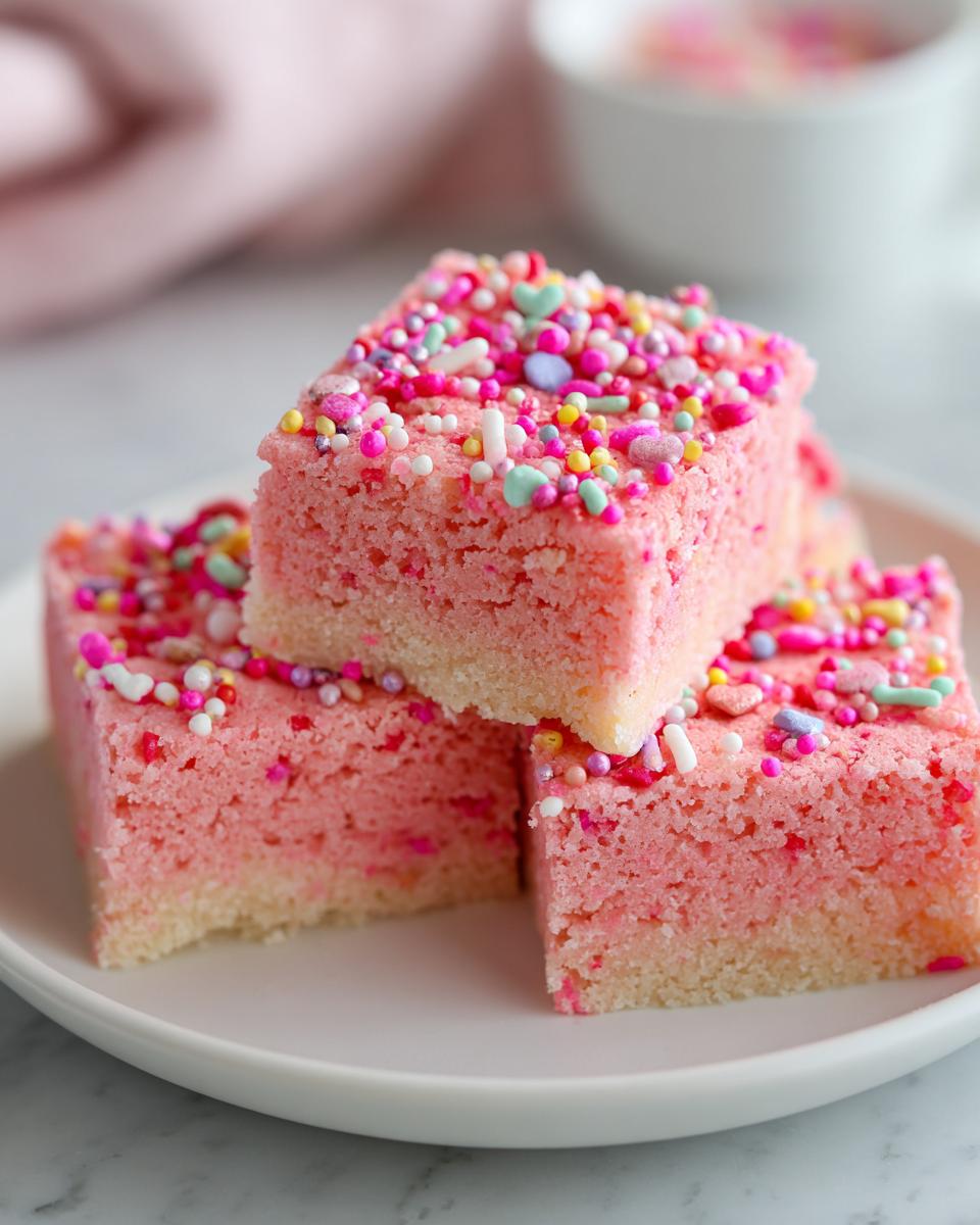 Stack of valentines day pink sugar cookie bars topped with colorful sprinkles on a white plate.