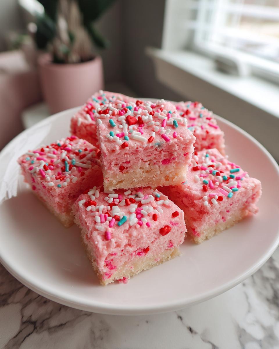 Close-up of valentines day pink sugar cookie bars topped with colorful sprinkles on a white plate.