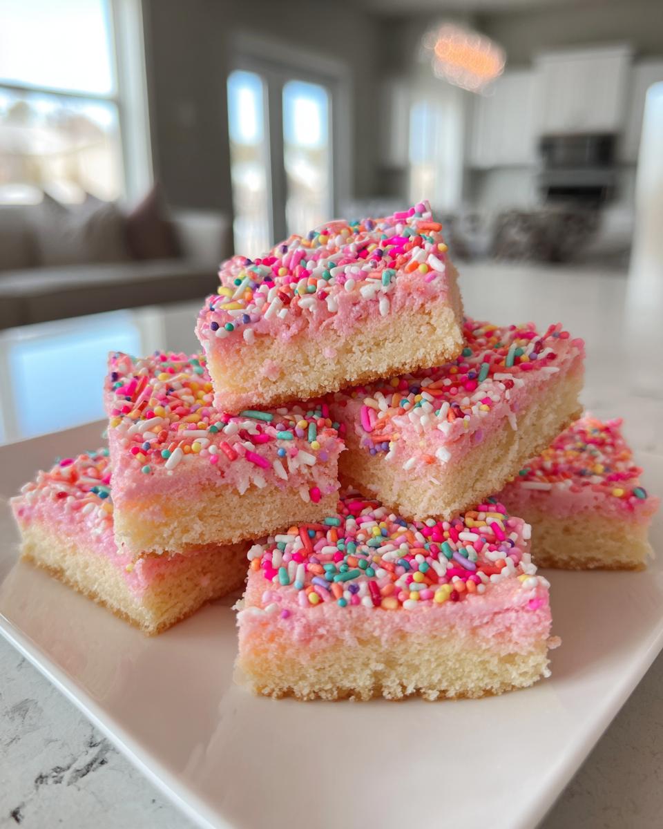Stack of Valentines day pink sugar cookie bars with pink frosting and colorful sprinkles on a white plate.