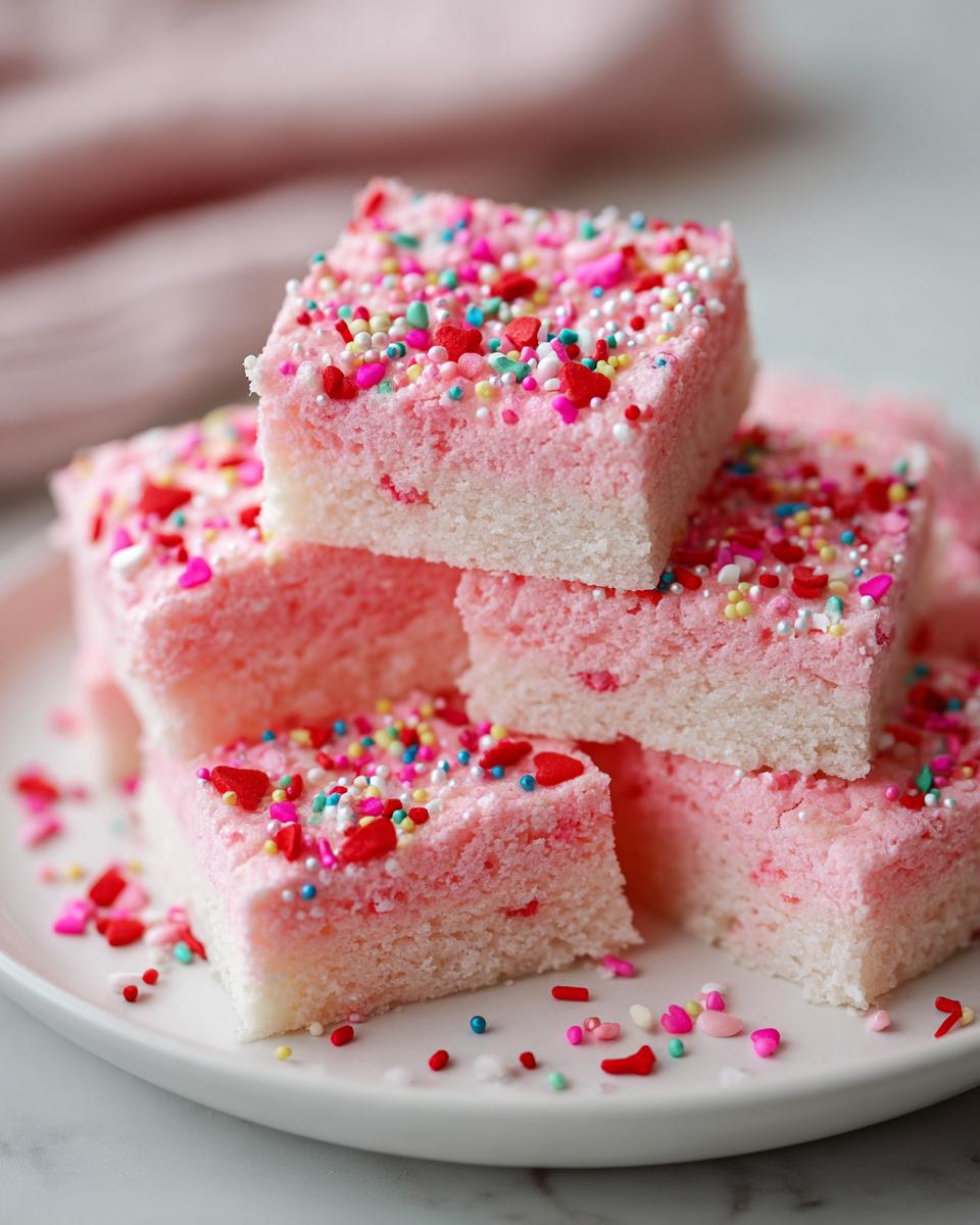 Close-up of valentines day pink sugar cookie bars with colorful sprinkles on white plate