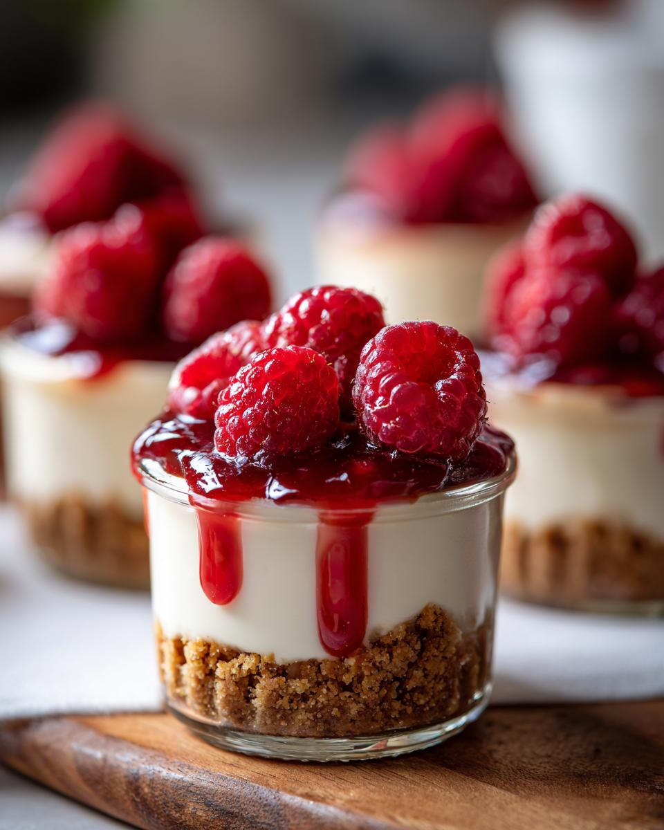 Close-up of valentines raspberry cheesecake dessert cups topped with fresh raspberries and raspberry sauce
