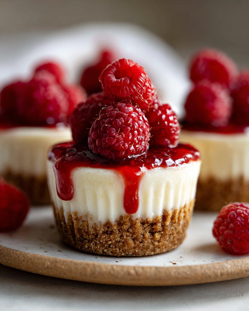 Close-up of valentines raspberry cheesecake dessert cups topped with fresh raspberries and raspberry sauce