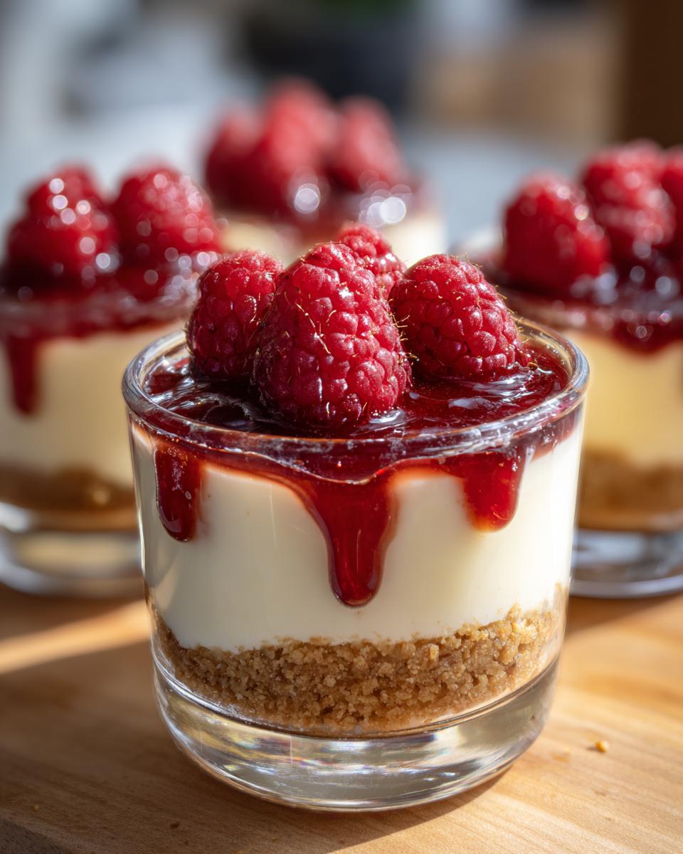 Close-up of valentines raspberry cheesecake dessert cups with fresh raspberries and raspberry sauce