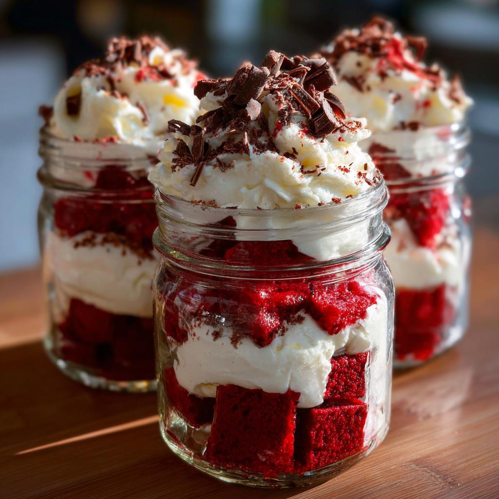 Three jars of valentines red velvet trifle in jars layered with cake, cream, and chocolate shavings