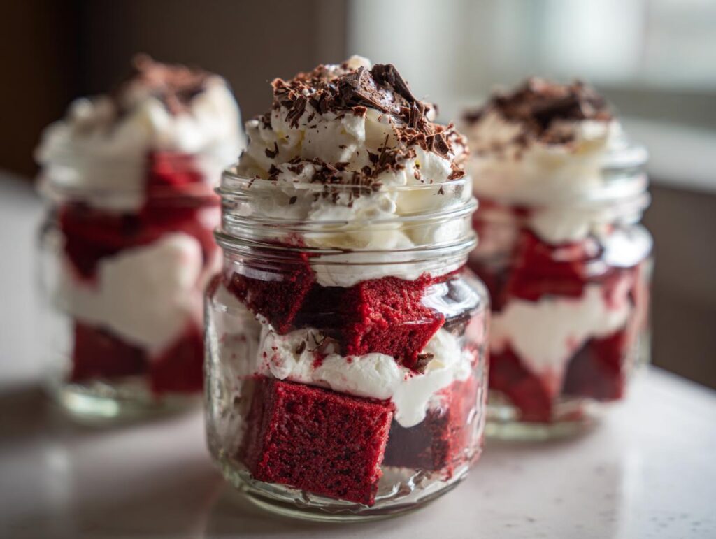 Close-up of valentines red velvet trifle in jars layered with red velvet cake, whipped cream, and chocolate shavings.