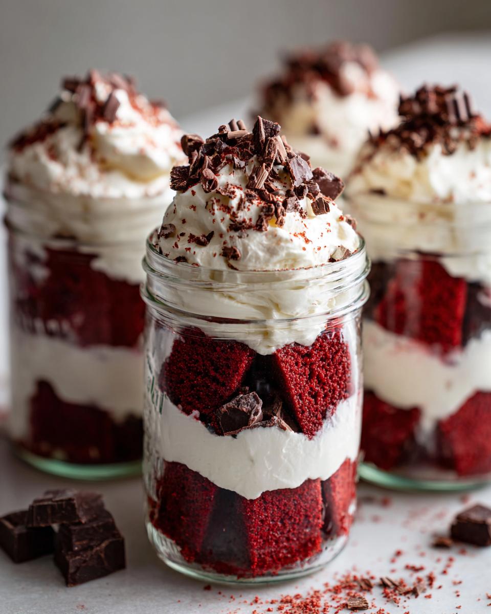 Valentines red velvet trifle in jars layered with red velvet cake, whipped cream, and chocolate shavings.