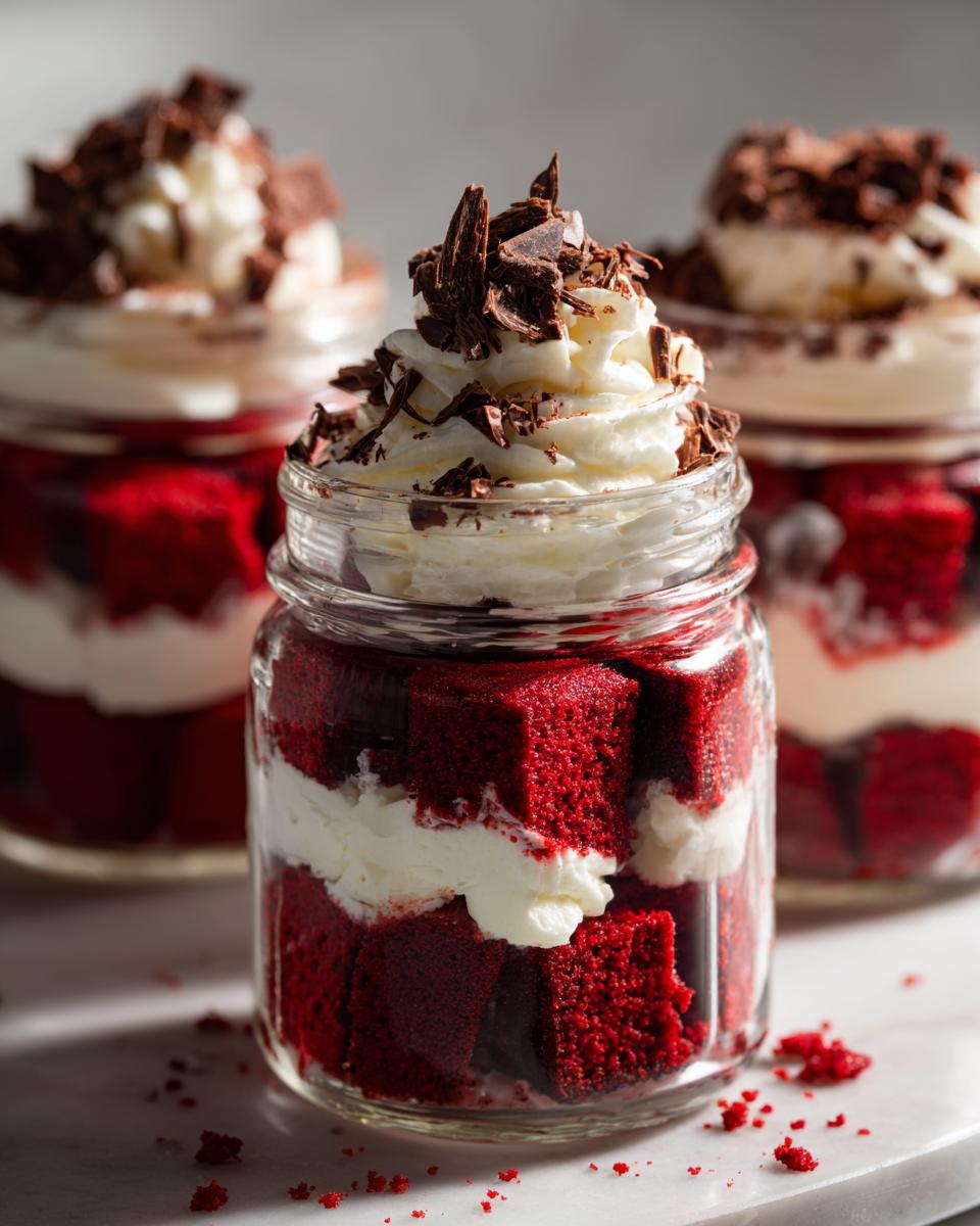 Close-up of valentines red velvet trifle in jars layered with cake, cream, and chocolate shavings