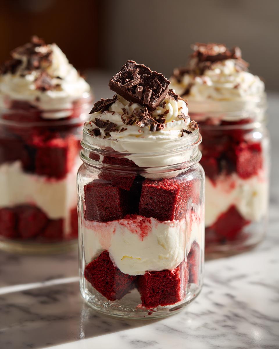Three jars filled with valentines red velvet trifle in jars layered with red velvet cake, cream, and chocolate shavings