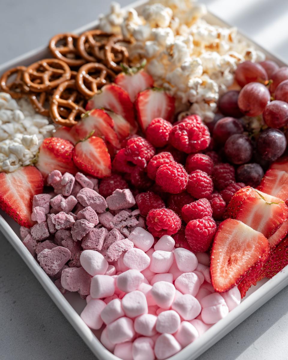 Valentines themed snack board for kids with strawberries, raspberries, grapes, pretzels, popcorn, and pink marshmallows.