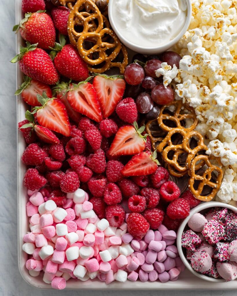 Valentines themed snack board for kids with strawberries, raspberries, pretzels, popcorn, and marshmallows.
