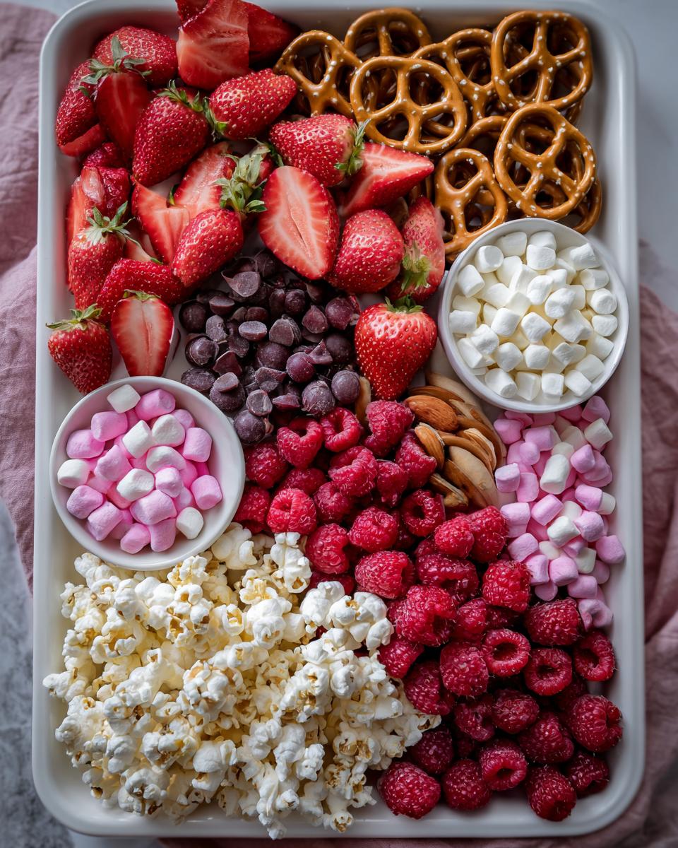 Valentines themed snack board for kids with strawberries, raspberries, popcorn, pretzels, chocolate chips, nuts, and mini marshmallows.