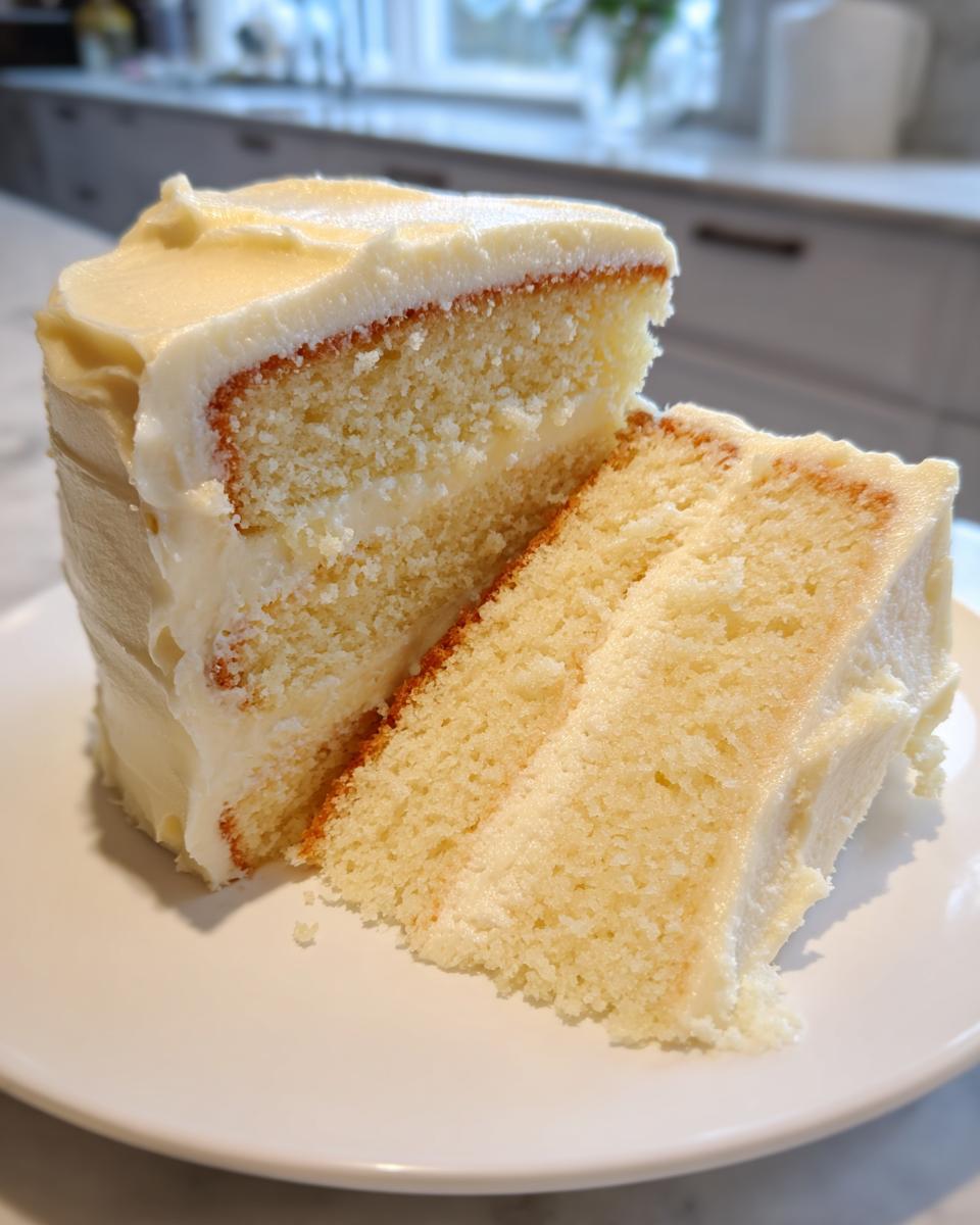 Close-up of a slice of vanilla cake with creamy white frosting on a white plate.