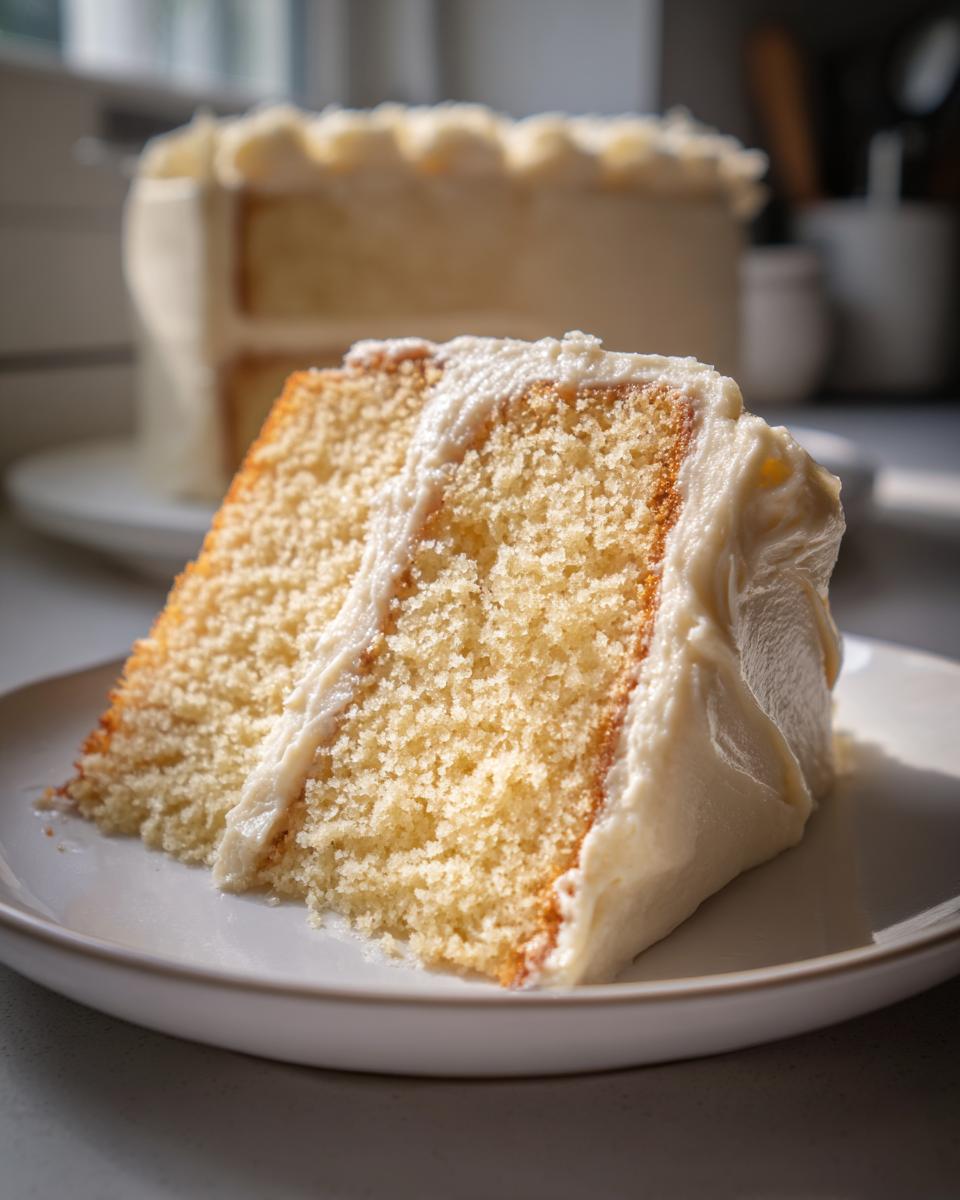 Close-up of a slice of vanilla cake with creamy frosting on a white plate, easter dessert recipes