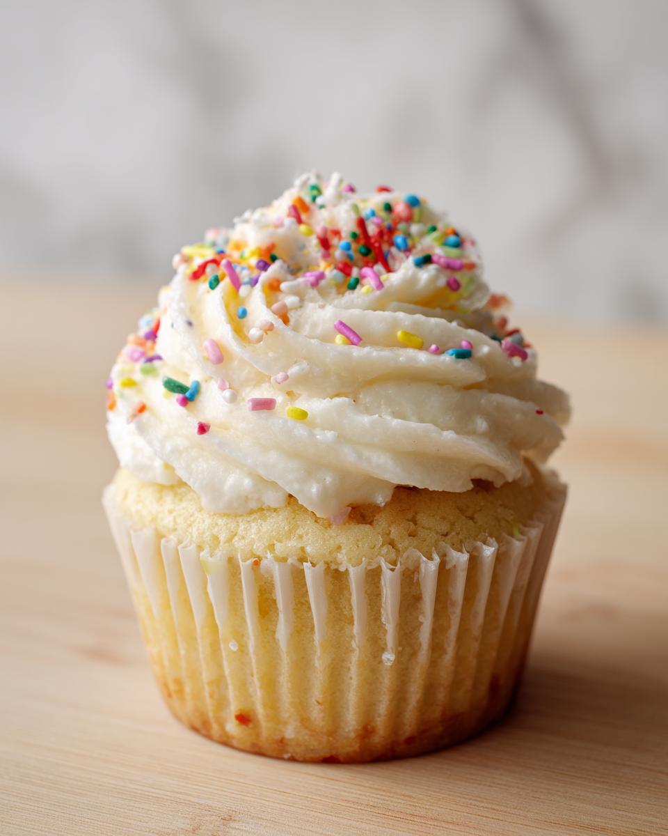 Close-up of a vanilla cupcake with white frosting and colorful sprinkles for easter cupcake ideas.