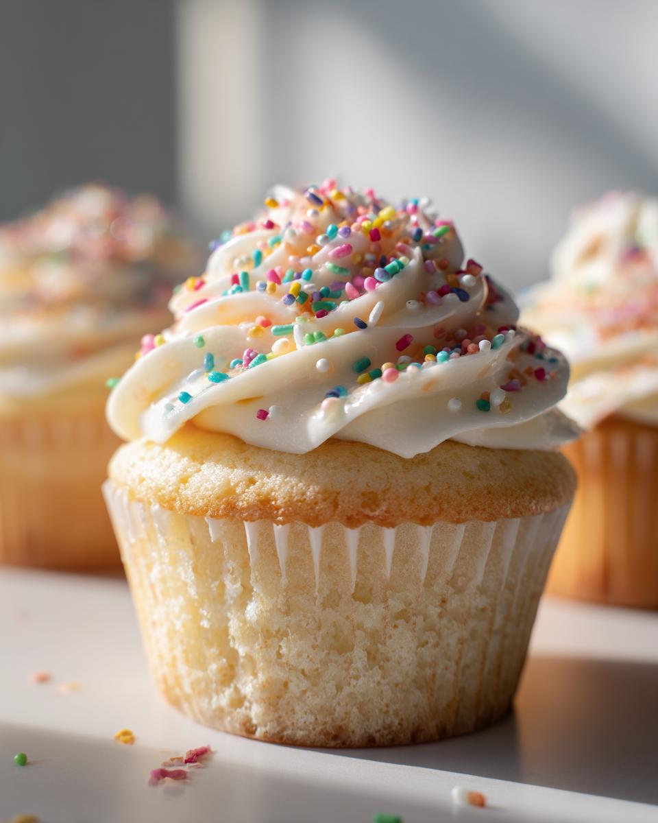 Close-up of vanilla cupcake with white frosting and colorful sprinkles for easter cupcake ideas