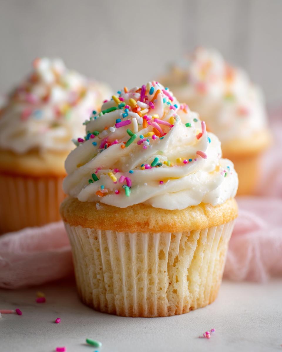 Vanilla cupcake topped with white frosting and colorful sprinkles for easter cupcake ideas
