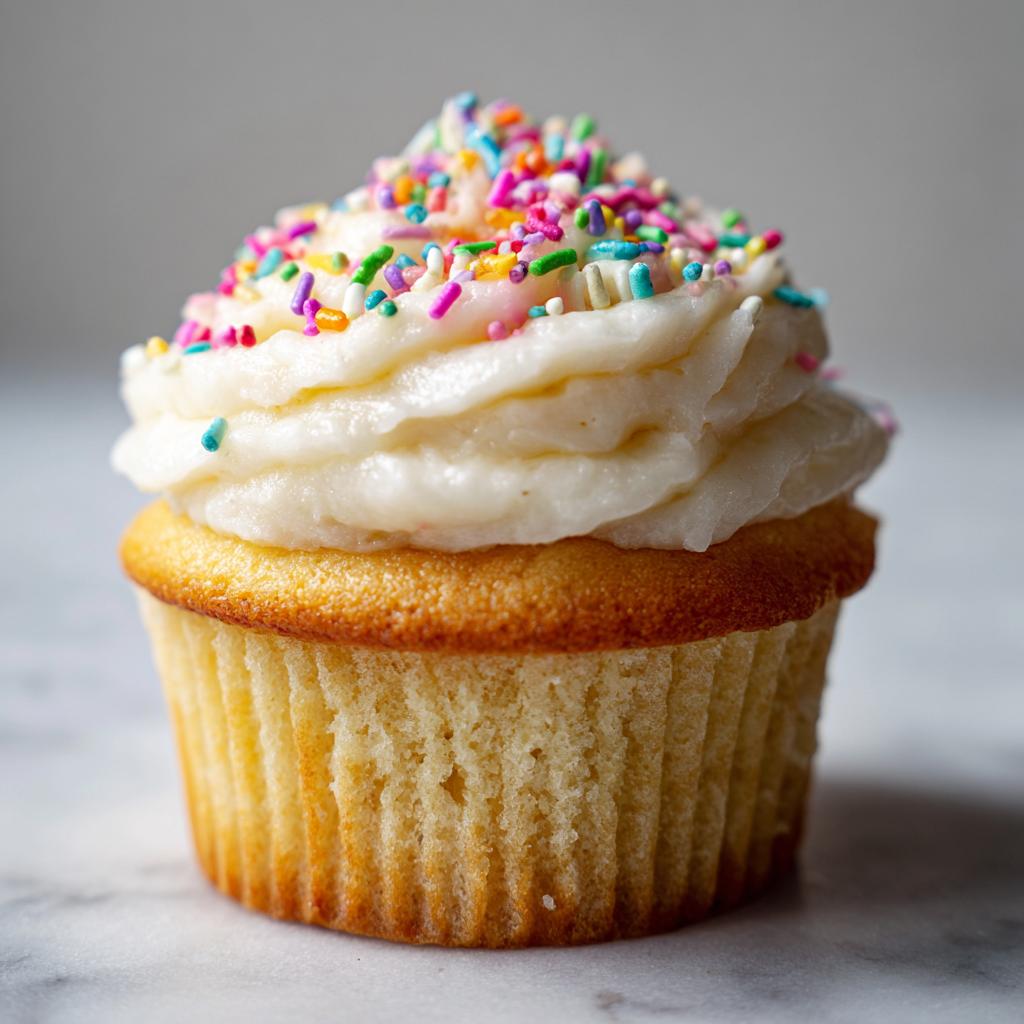 Close-up of a vanilla cupcake with white frosting and colorful sprinkles, perfect easter cupcake ideas