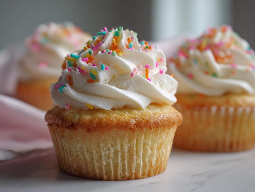 Close-up of vanilla cupcakes topped with white frosting and colorful sprinkles for easter cupcake ideas.
