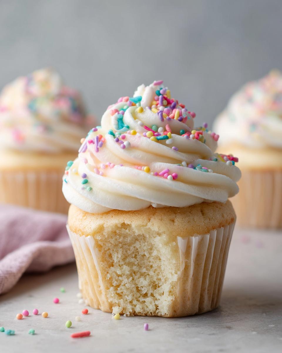 Vanilla cupcake with white frosting and colorful sprinkles, one bite taken out