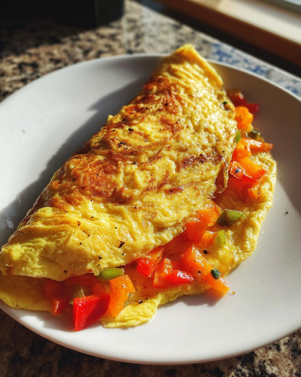 Close-up of a golden veggie omelet with peppers and onions on a white plate.