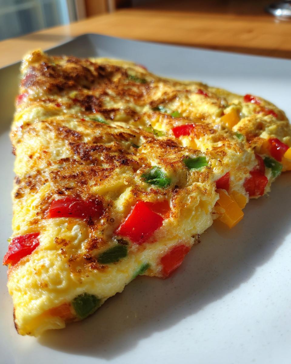A close-up of a cooked veggie omelet with colorful peppers and onions on a white plate
