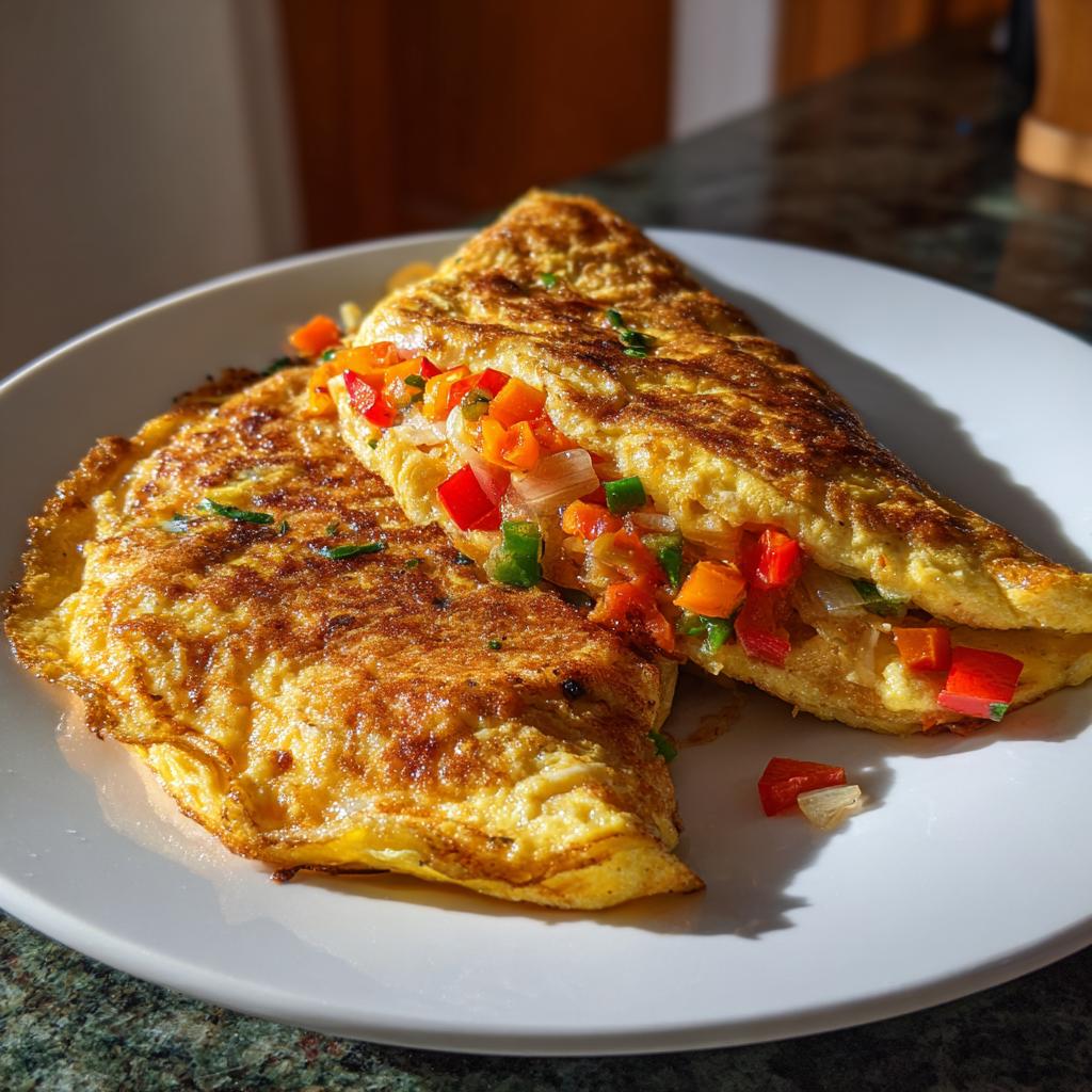 Golden veggie omelet with diced red and green peppers and onions on a white plate