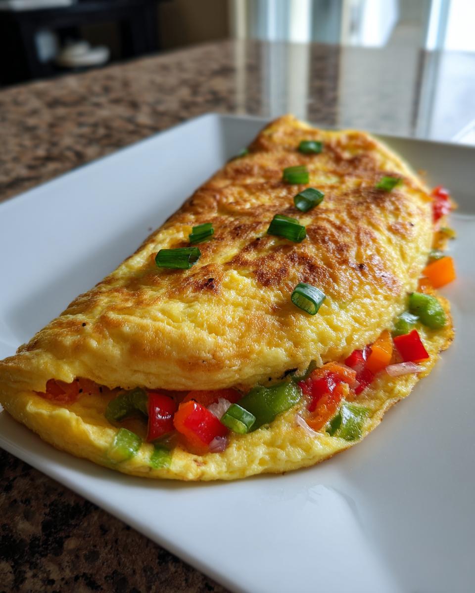 Golden veggie omelet with peppers and onions garnished with chopped green onions on white plate.
