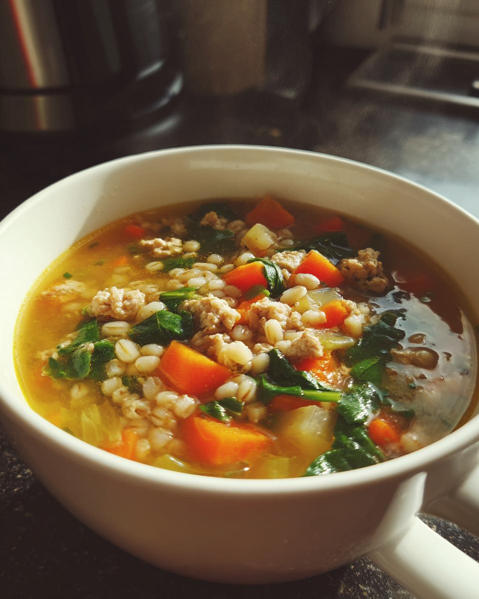 Close-up of a steaming bowl of veggie packed turkey soup with barley, carrots, spinach, and turkey chunks.
