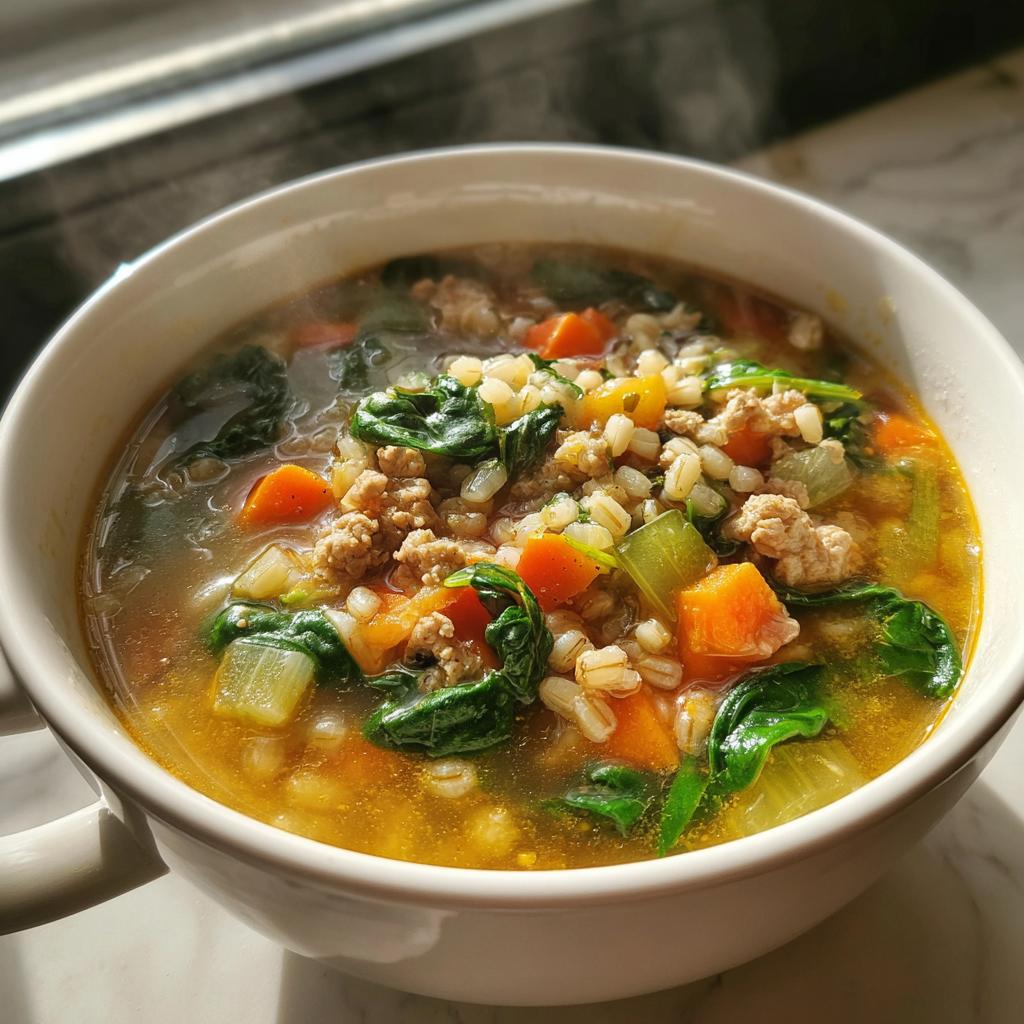 Close-up of steaming veggie packed turkey soup with barley in a white bowl.