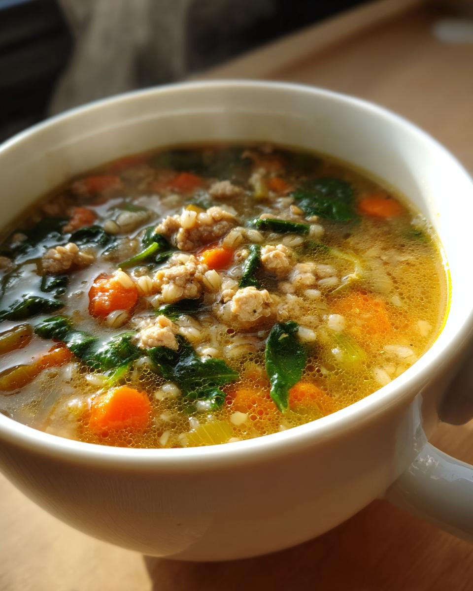 Close-up of veggie packed turkey soup with barley showing carrots, spinach, and turkey in broth