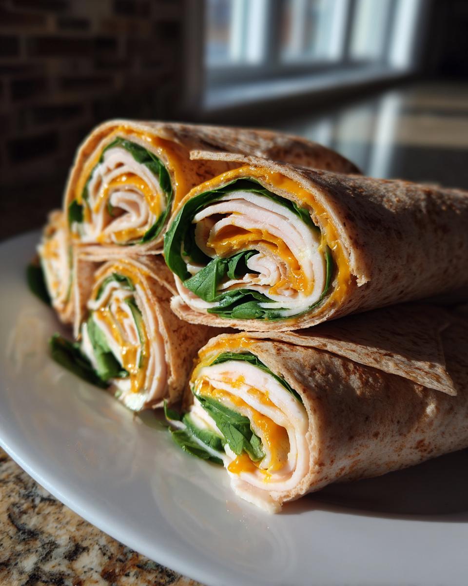 Close-up of whole wheat turkey and cheese pinwheel lunch with spinach on a white plate