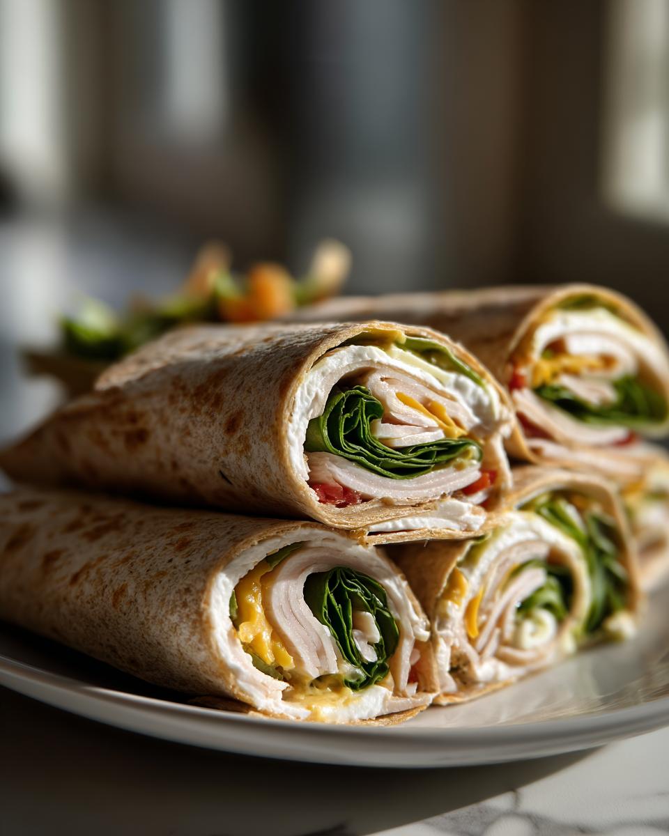 Stack of whole wheat turkey and cheese pinwheel lunch wraps with spinach and cheese