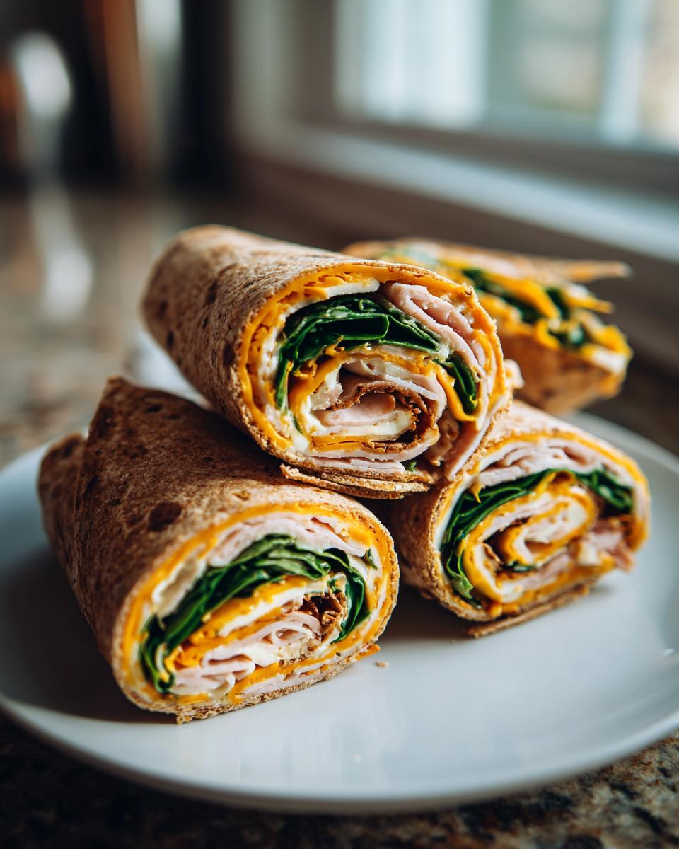Three whole wheat turkey and cheese pinwheel lunch wraps stacked on a white plate.