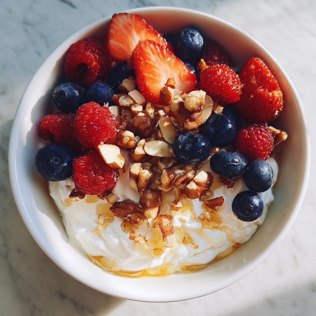 Yogurt bowl with berries and nuts topped with strawberries, blueberries, raspberries, and chopped nuts.