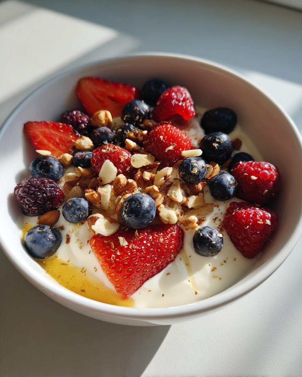 Yogurt bowl with berries and nuts including strawberries, blueberries, raspberries, and chopped nuts
