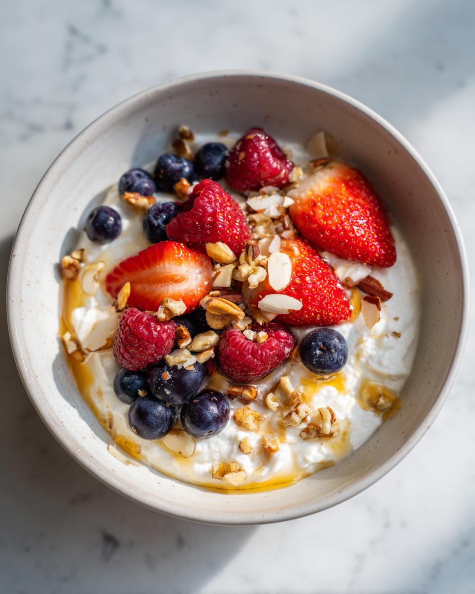 Yogurt bowl with berries and nuts topped with strawberries, raspberries, blueberries, and honey drizzle.