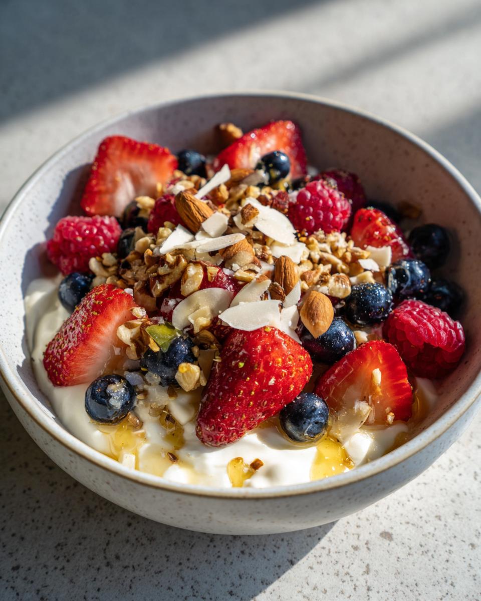 Bowl of yogurt bowl with berries and nuts including strawberries, blueberries, raspberries, almonds, and granola.