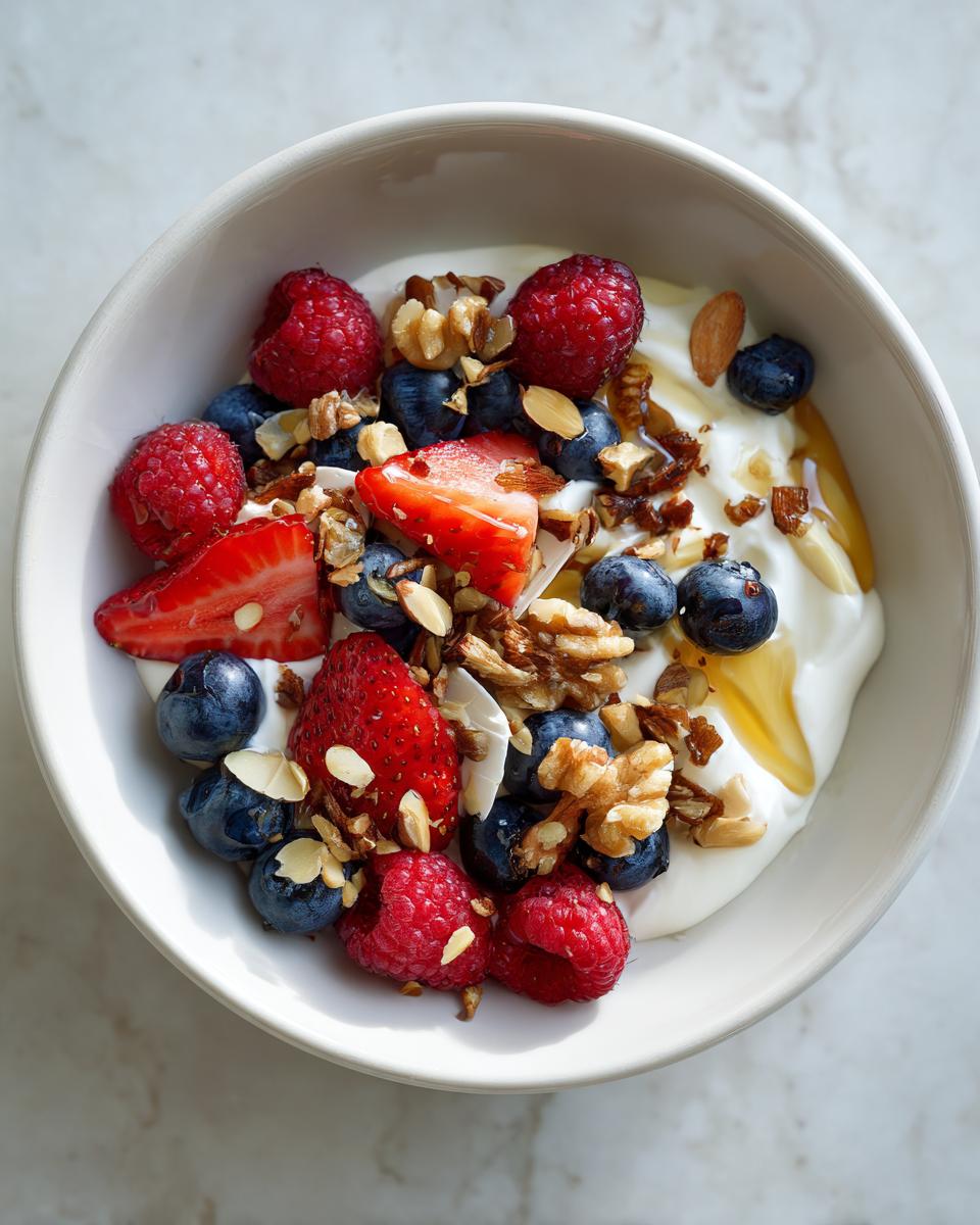 Bowl of yogurt bowl with berries and nuts including strawberries, blueberries, raspberries, walnuts, and honey drizzle.