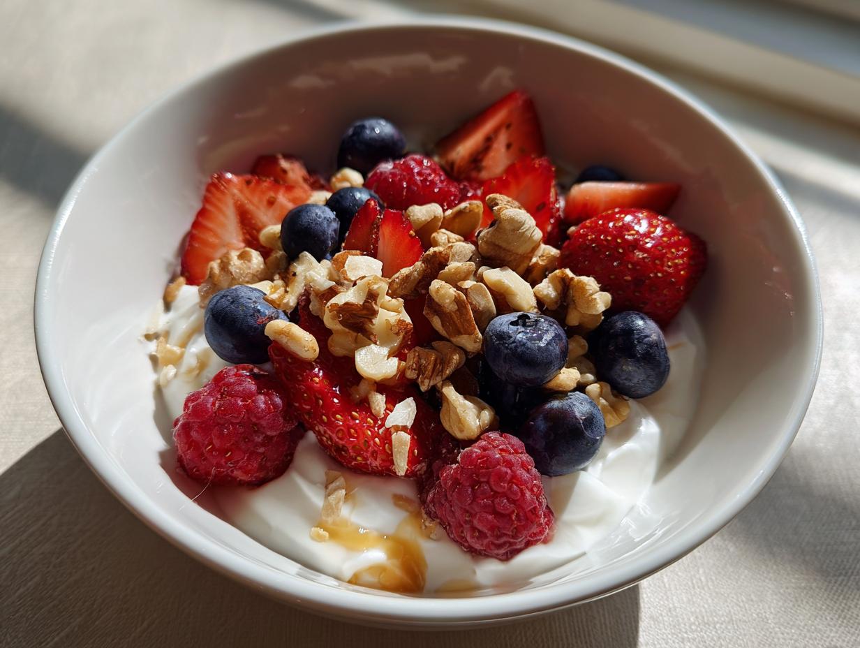 Yogurt bowl with fresh strawberries, blueberries, raspberries, walnuts, and honey drizzle