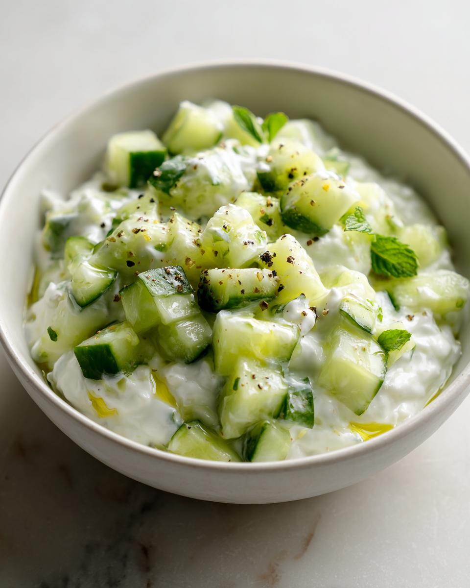 Bowl of creamy yogurt cucumber salad for iftar garnished with mint and black pepper.
