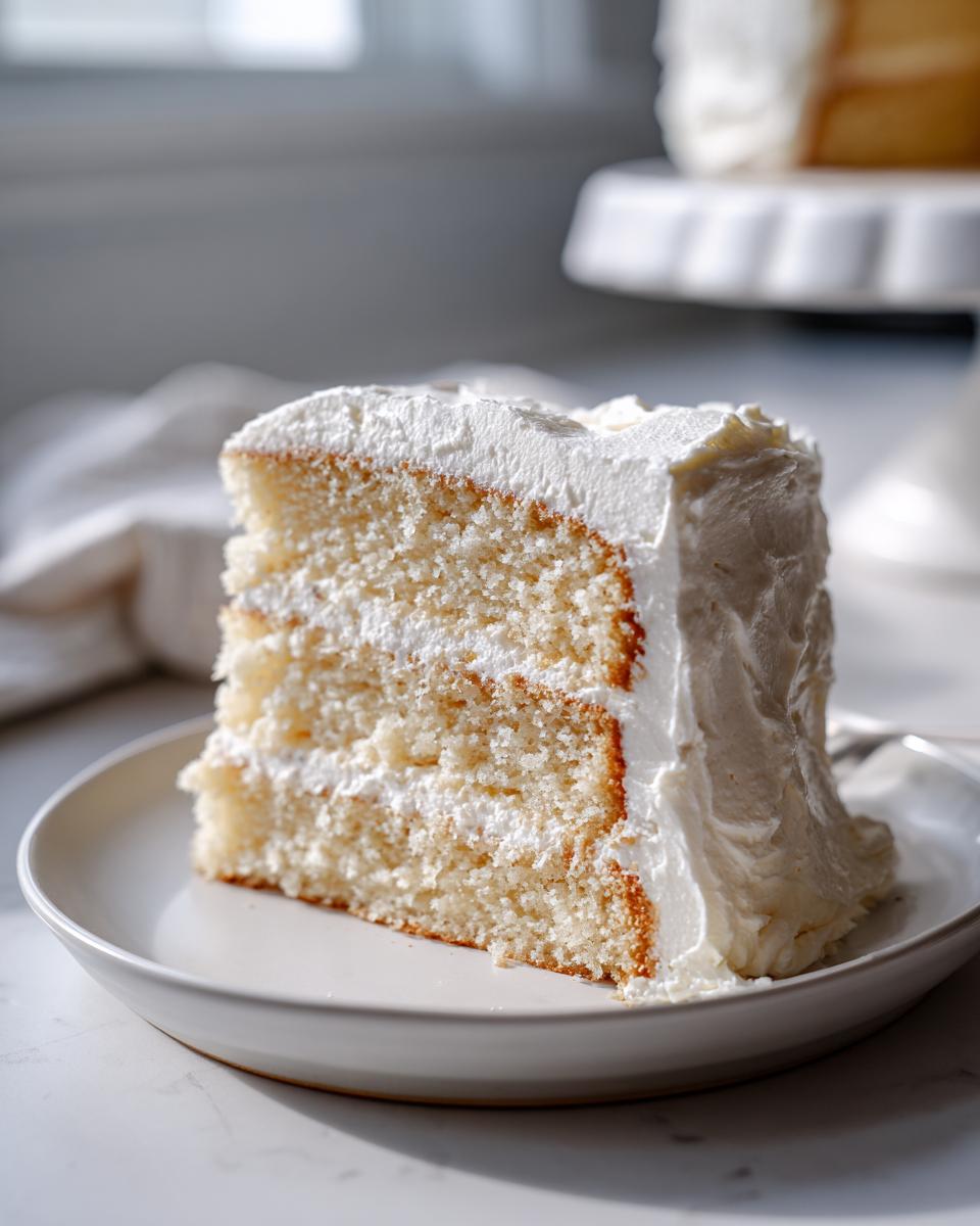 Close-up of a slice of white cake with creamy frosting on a white plate.