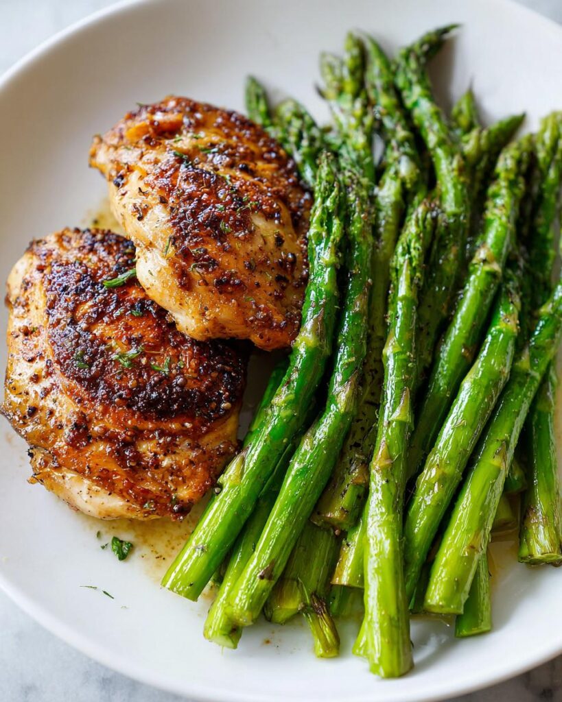 Grilled chicken thighs with roasted asparagus on a white plate for April seasonal dinner recipes