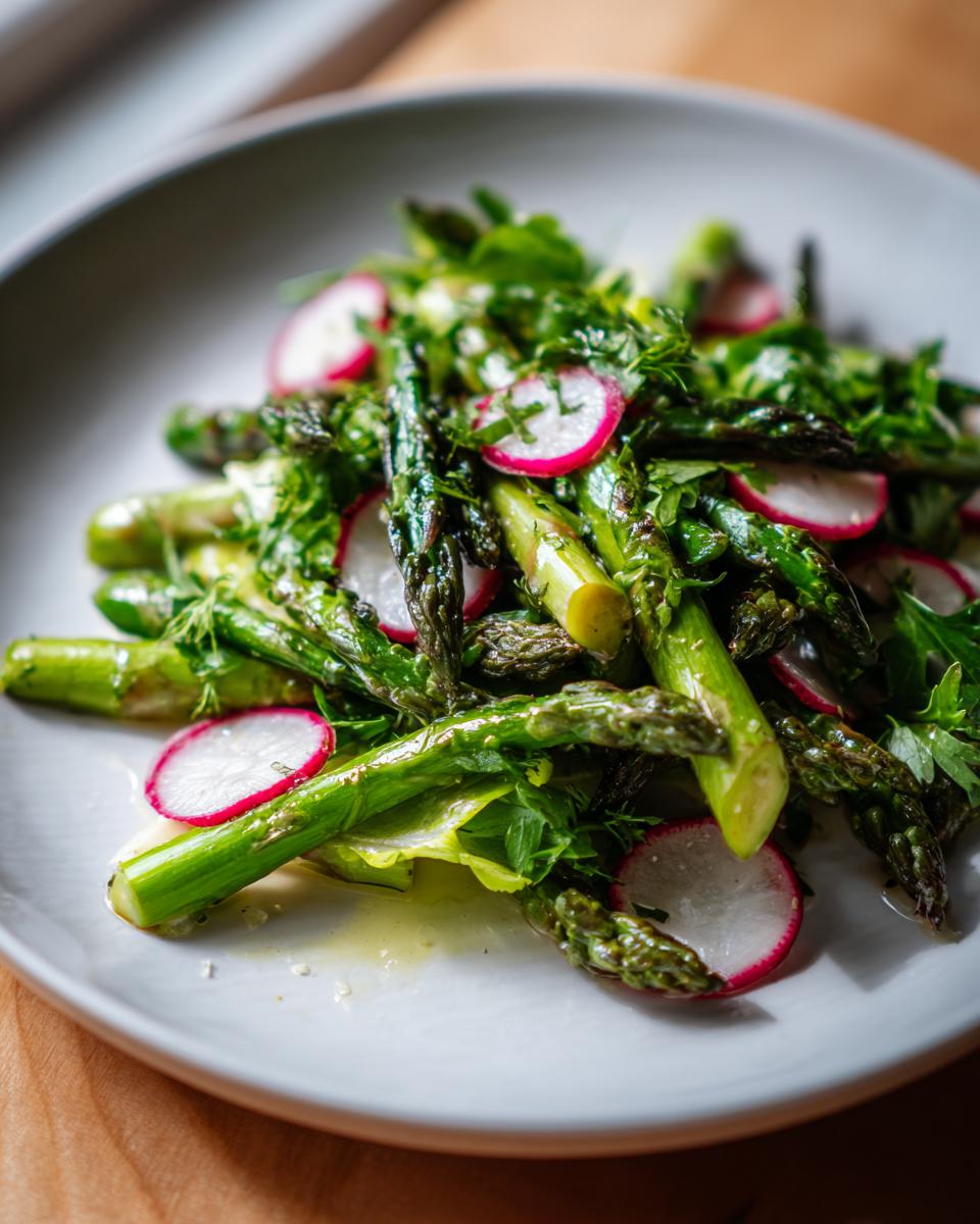 Plate of fresh asparagus and radish salad garnished with herbs for April brunch side dishes