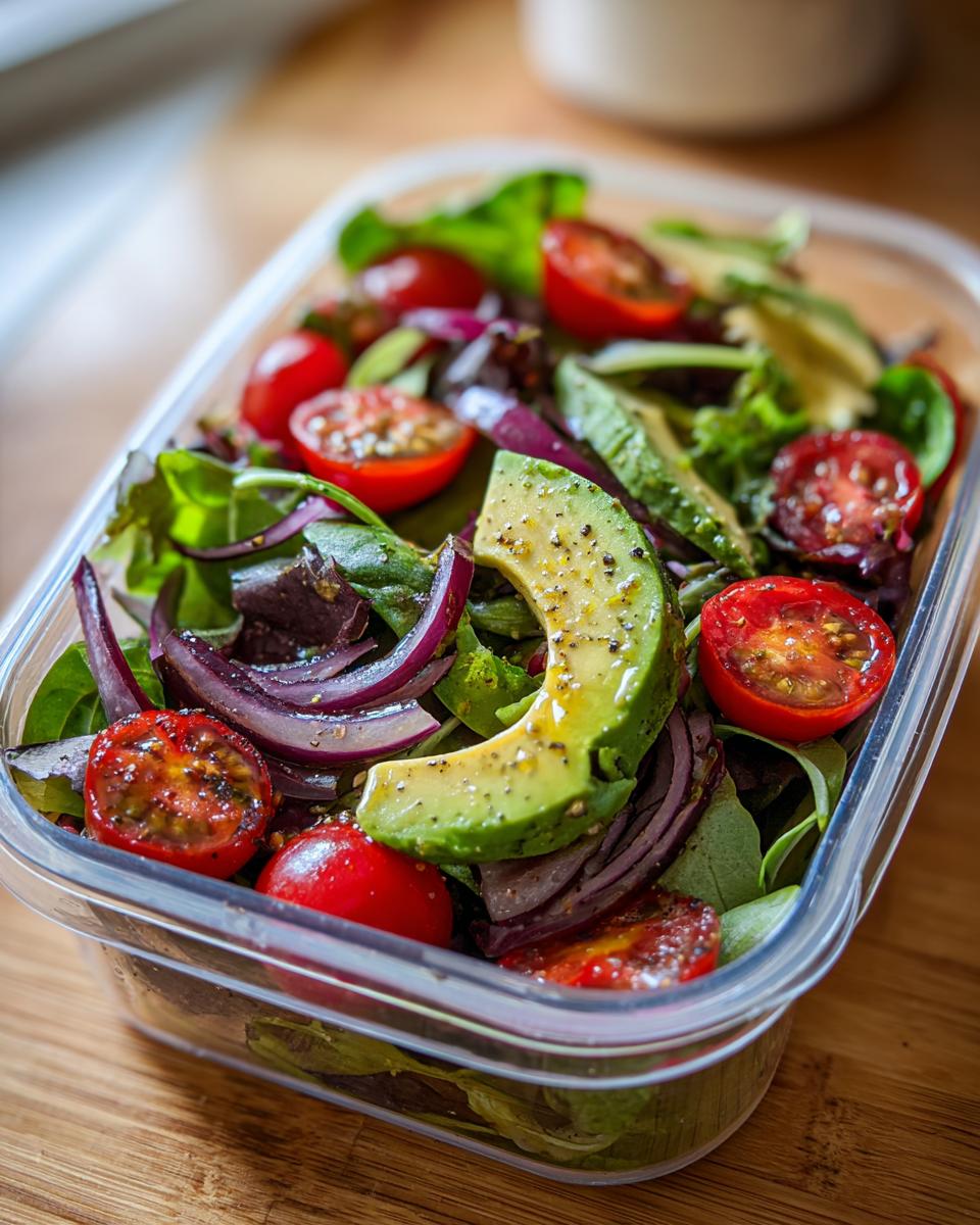 Close-up of a fresh salad with avocado slices, cherry tomatoes, red onion, and mixed greens in a clear container.
