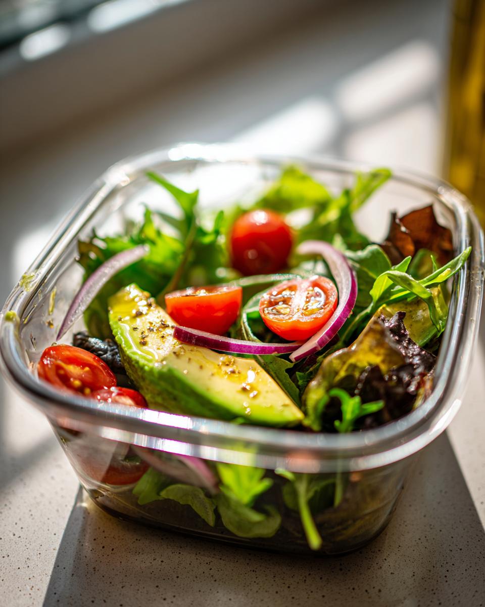 Glass container with fresh salad including avocado, cherry tomatoes, red onion, and mixed greens for healthy packed lunch recipes