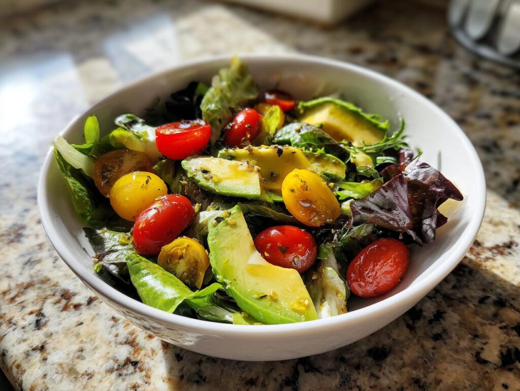 Bowl of fresh salad with avocado slices, red and yellow cherry tomatoes, and mixed greens for spring clean eating recipes.