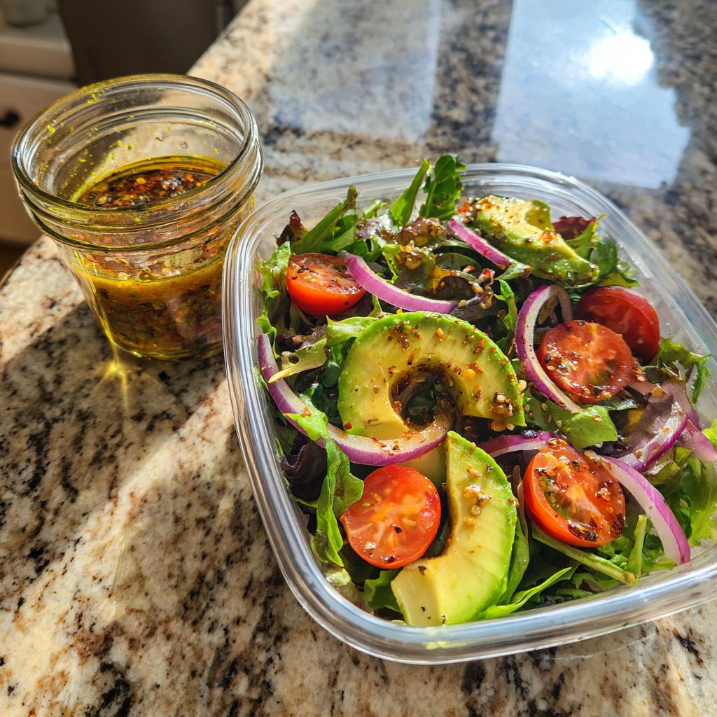 Fresh salad with avocado, cherry tomatoes, red onion, and greens in a container with dressing jar