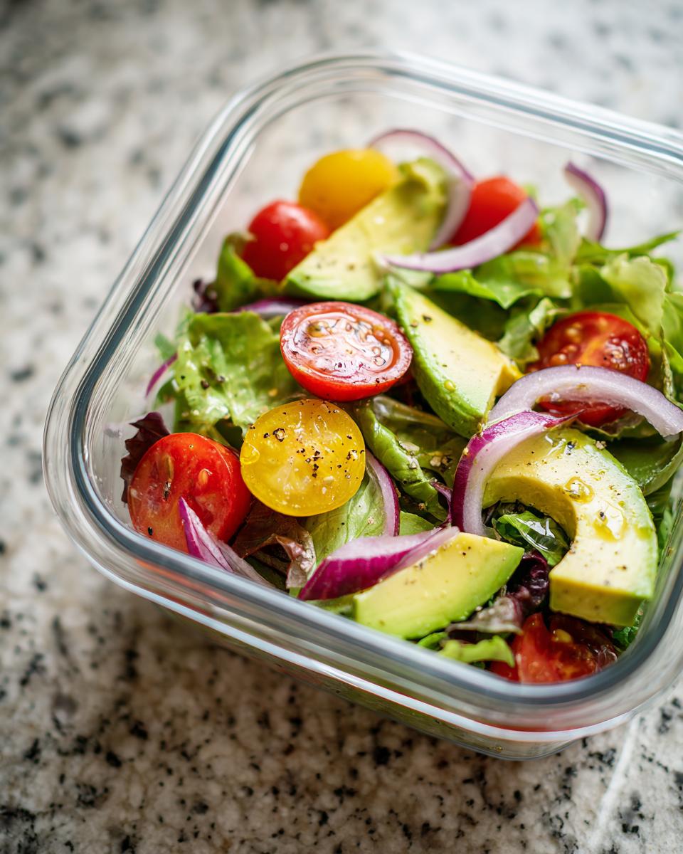 Glass container with fresh avocado, cherry tomatoes, red onion, and leafy greens salad.