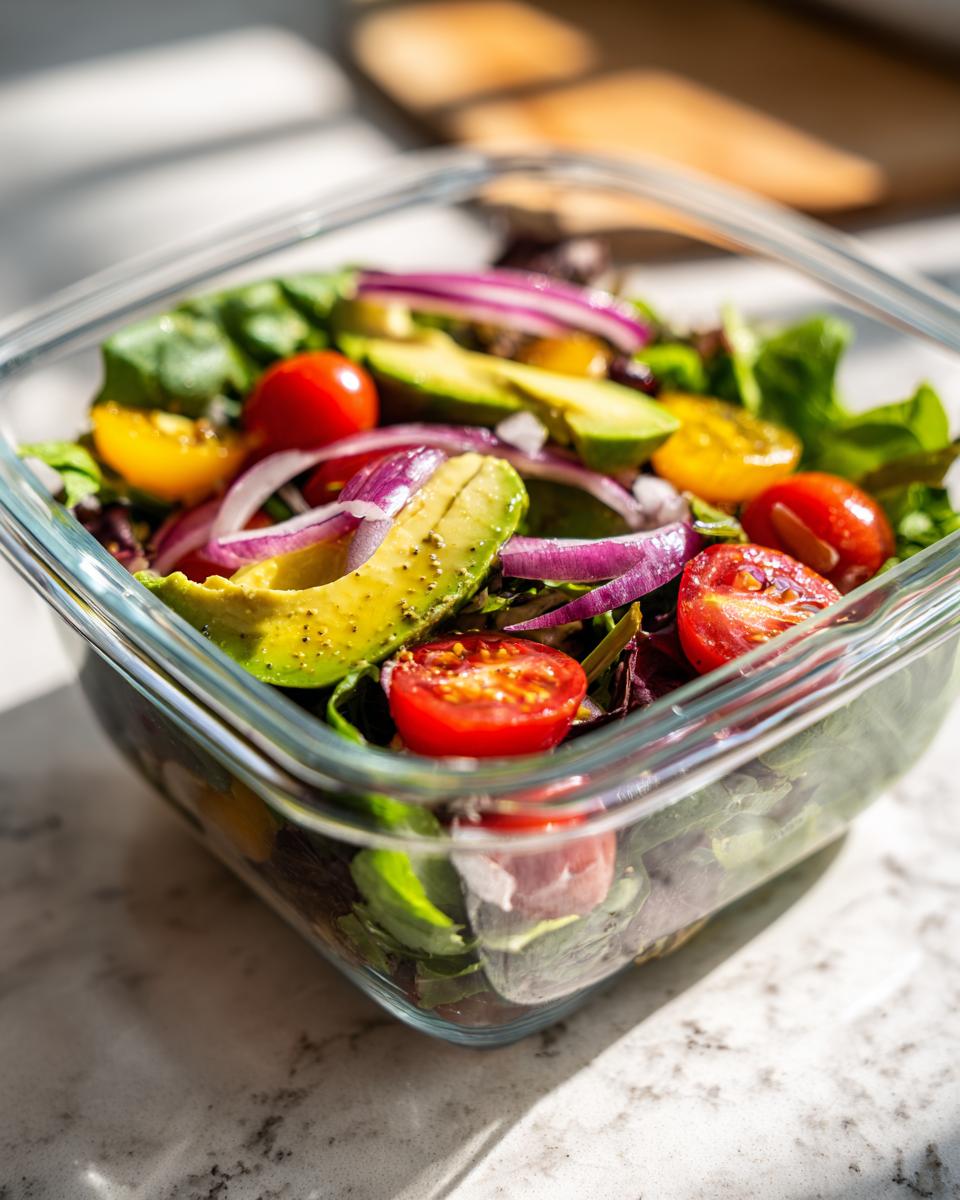 Glass container with fresh avocado, cherry tomatoes, red onion, and leafy greens salad for healthy packed lunch recipes.